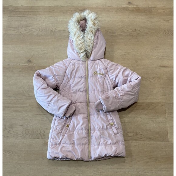 Guess Puffer Jacket Pink With Fur On Hood Women's Medium Full Zip Embroidered - Picture 1 of 5